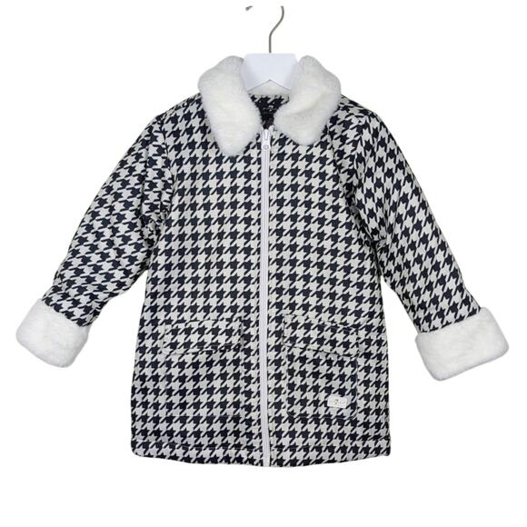 7 For All Mankind Winter Coat Girls 4T Houndstooth Faux Fur Trim Black and White - Picture 1 of 14